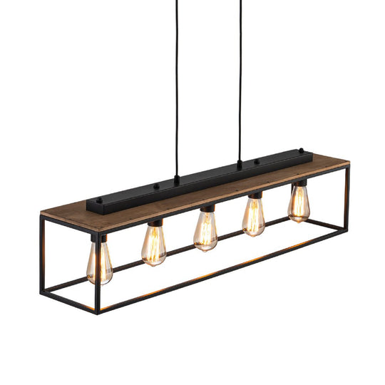Pendantlightie - Farmhouse 5 - Light Kitchen Island Wood Accents Rectangular Chandelier - Chandeliers - Black -