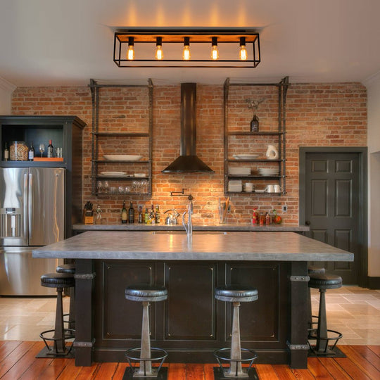 Pendantlightie - Farmhouse 5 - Light Wooden Cage Rectangular Flush Mount - Flush Mount - Black -