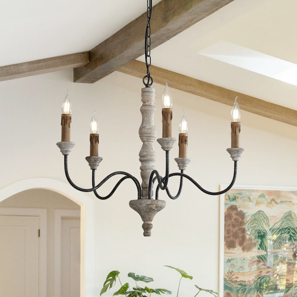 Pendantlightie - Farmhouse 5 - Light Wooden Candle Style French Country Chandelier - Chandeliers - Brown Candle Base -