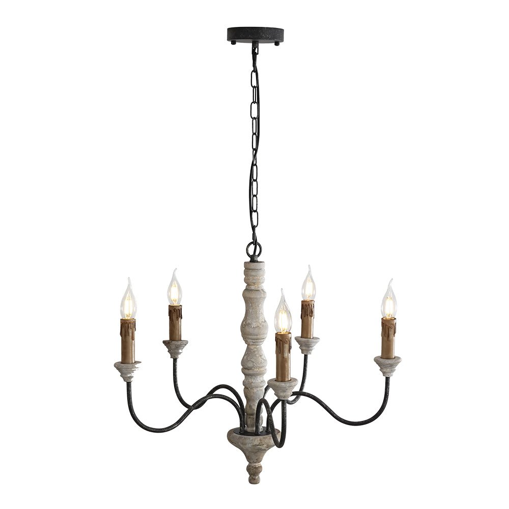 Pendantlightie - Farmhouse 5 - Light Wooden Candle Style French Country Chandelier - Chandeliers - White Candle Base -