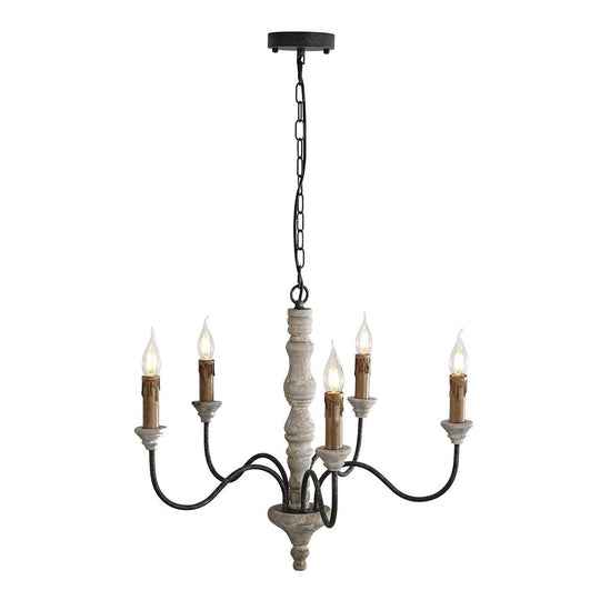 Pendantlightie - Farmhouse 5 - Light Wooden Candle Style French Country Chandelier - Chandeliers - White Candle Base -