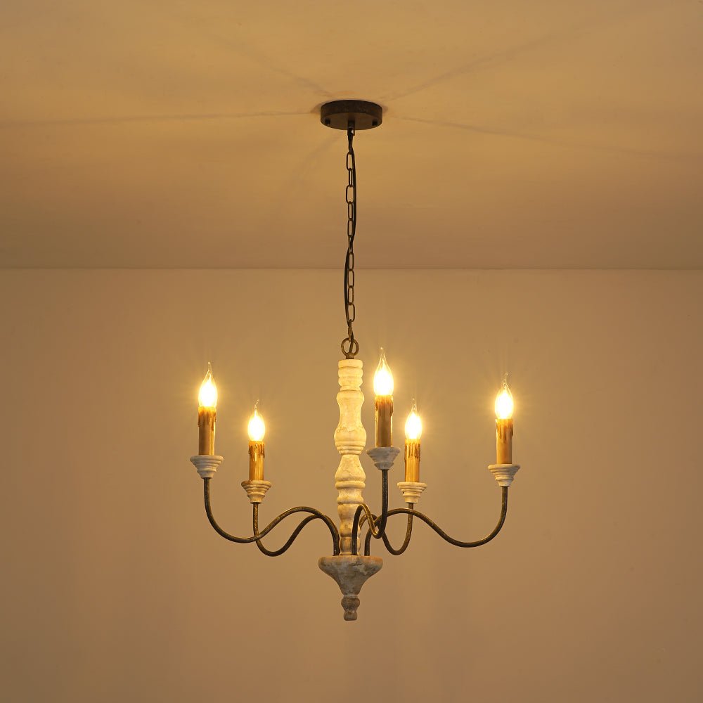 Pendantlightie - Farmhouse 5 - Light Wooden Candle Style French Country Chandelier - Chandeliers - White Candle Base -
