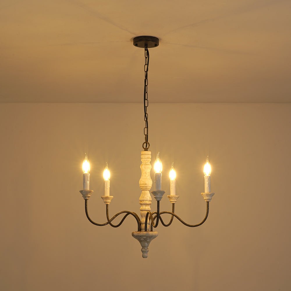 Pendantlightie - Farmhouse 5 - Light Wooden Candle Style French Country Chandelier - Chandeliers - White Candle Base -