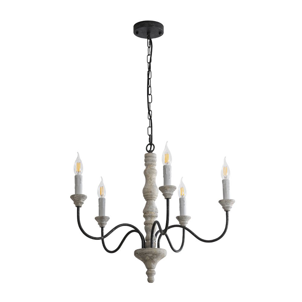 Pendantlightie - Farmhouse 5 - Light Wooden Candle Style French Country Chandelier - Chandeliers - White Candle Base -