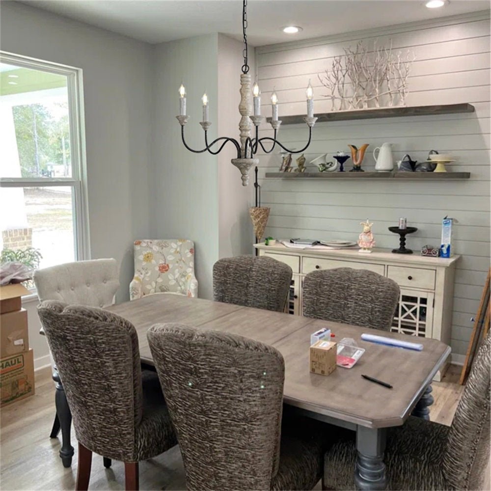 Pendantlightie - Farmhouse 5 - Light Wooden Candle Style French Country Chandelier - Chandeliers - White Candle Base -