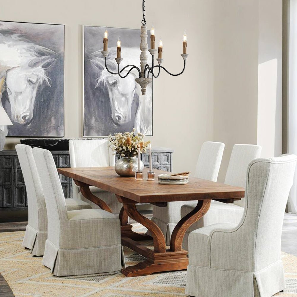 Pendantlightie - Farmhouse 5 - Light Wooden Candle Style French Country Chandelier - Chandeliers - White Candle Base -