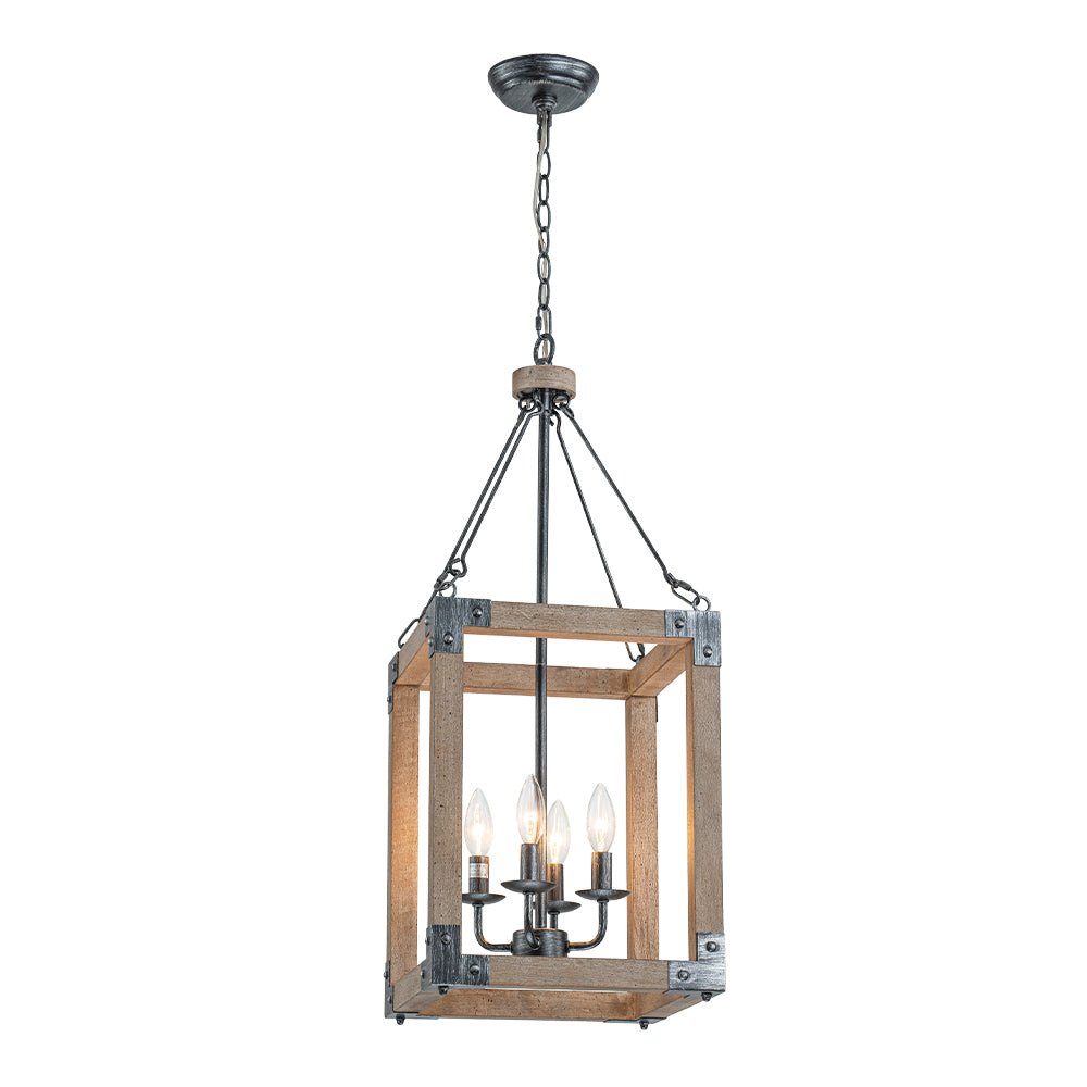 Pendantlightie - Farmhouse Rustic 4 - Light Rectangle Lantern Wooden Pendant Light - Pendants - Antiqued Silver -
