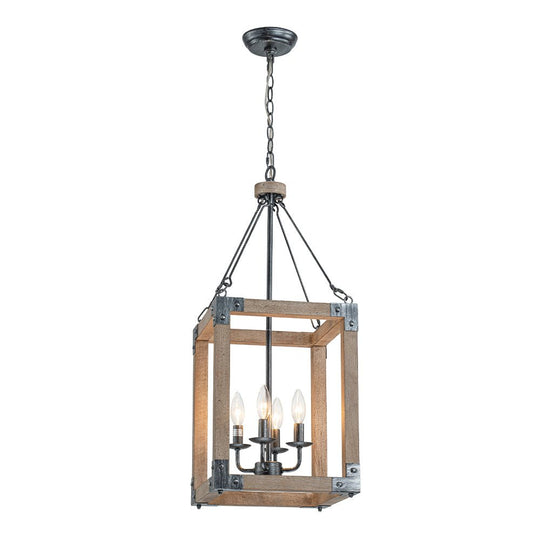 Pendantlightie - Farmhouse Rustic 4 - Light Rectangle Lantern Wooden Pendant Light - Pendants - Antiqued Silver -