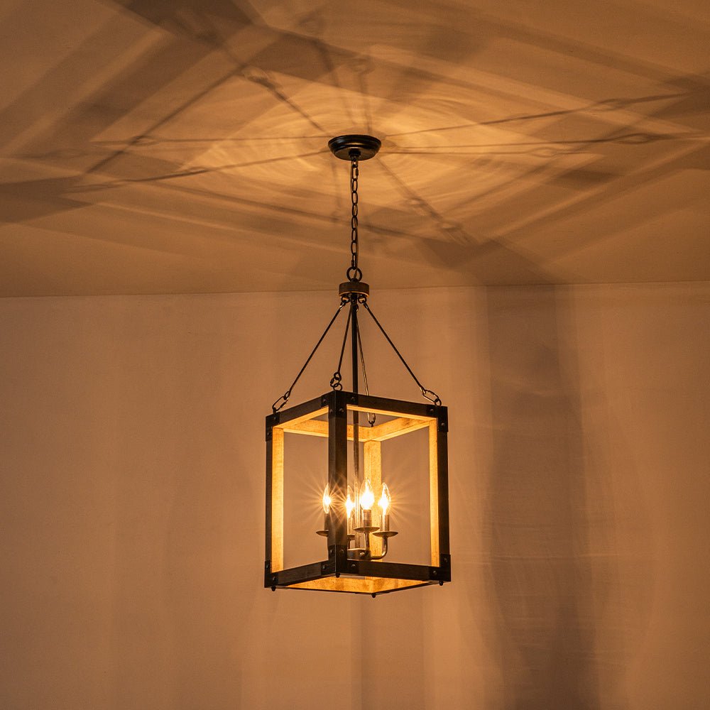 Pendantlightie - Farmhouse Rustic 4 - Light Rectangle Lantern Wooden Pendant Light - Pendants - Antiqued Silver -