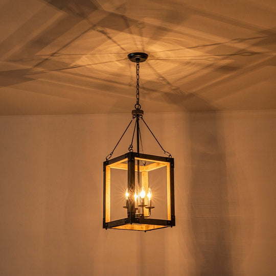 Pendantlightie - Farmhouse Rustic 4 - Light Rectangle Lantern Wooden Pendant Light - Pendants - Antiqued Silver -