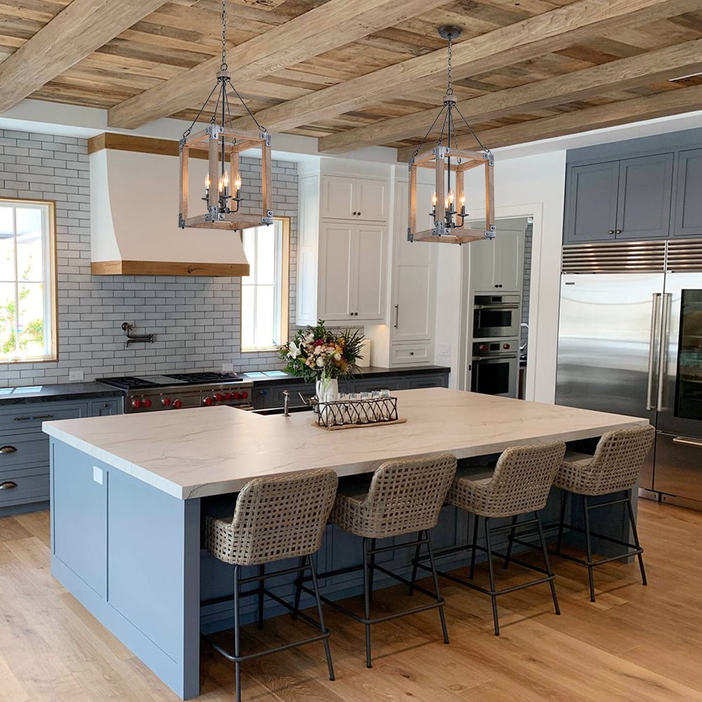 Pendantlightie - Farmhouse Rustic 4 - Light Rectangle Lantern Wooden Pendant Light - Pendants - Antiqued Silver -