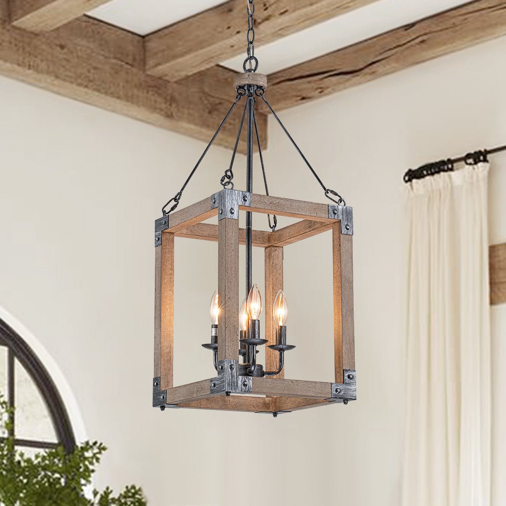Pendantlightie - Farmhouse Rustic 4 - Light Rectangle Lantern Wooden Pendant Light - Pendants - Antiqued Silver -