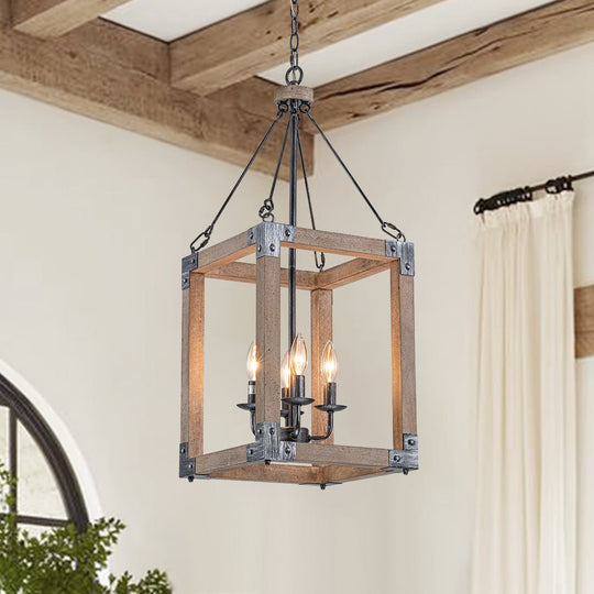 Pendantlightie - Farmhouse Rustic 4 - Light Rectangle Lantern Wooden Pendant Light - Pendants - Antiqued Silver -