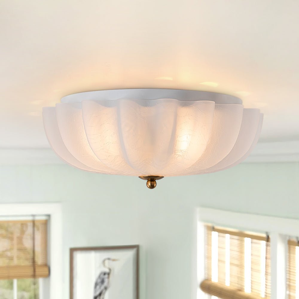 Pendantlightie - French Country 3 - Light Floral Cream Crackled Scalloped Semi Flush Mount - Semi Flush Mount - White -