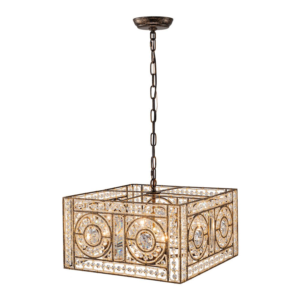 Pendantlightie - Glam 4 - Light Vintage Crystal Accent Square Chandelier - Chandeliers - Antique Bronze -