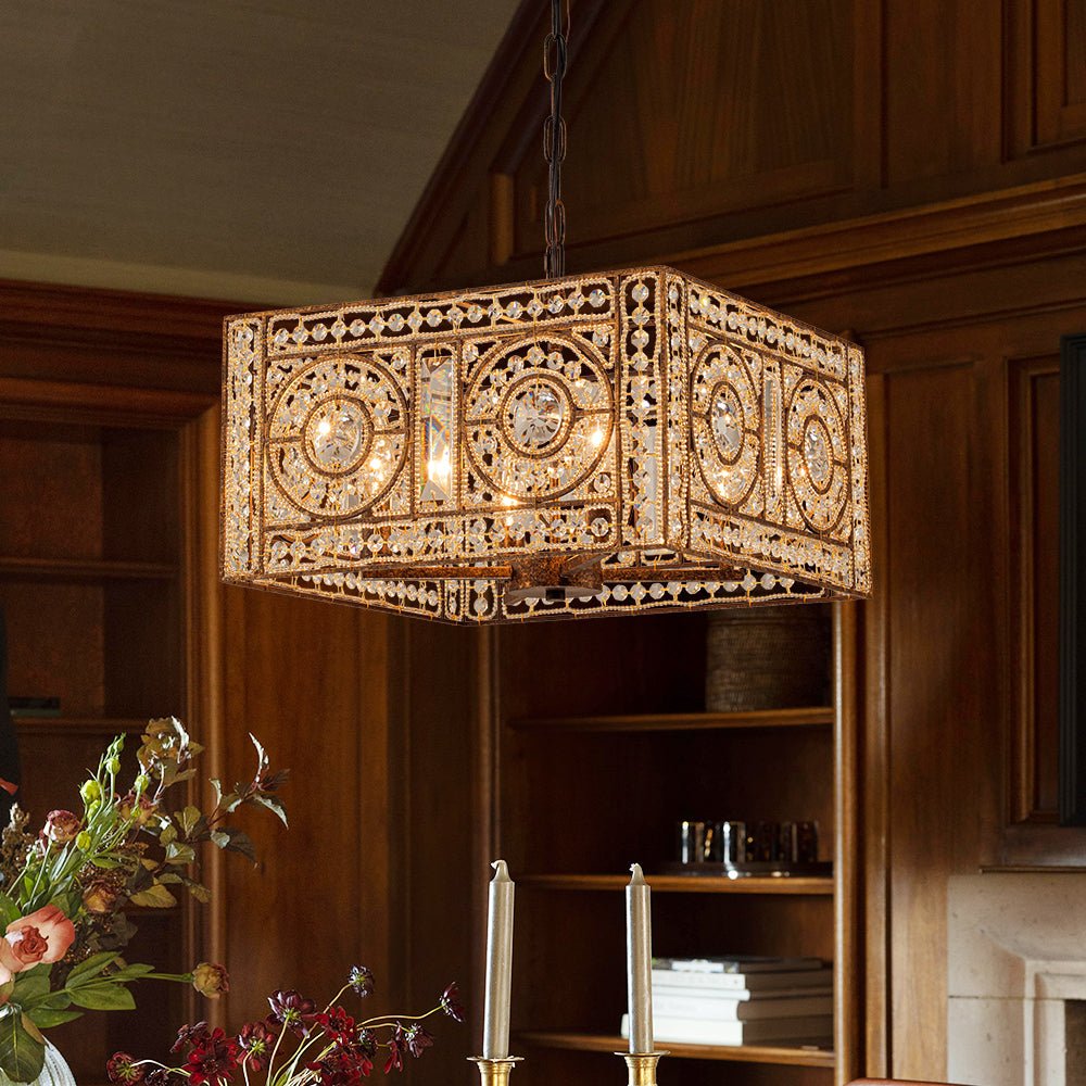 Pendantlightie - Glam 4 - Light Vintage Crystal Accent Square Chandelier - Chandeliers - Antique Bronze -