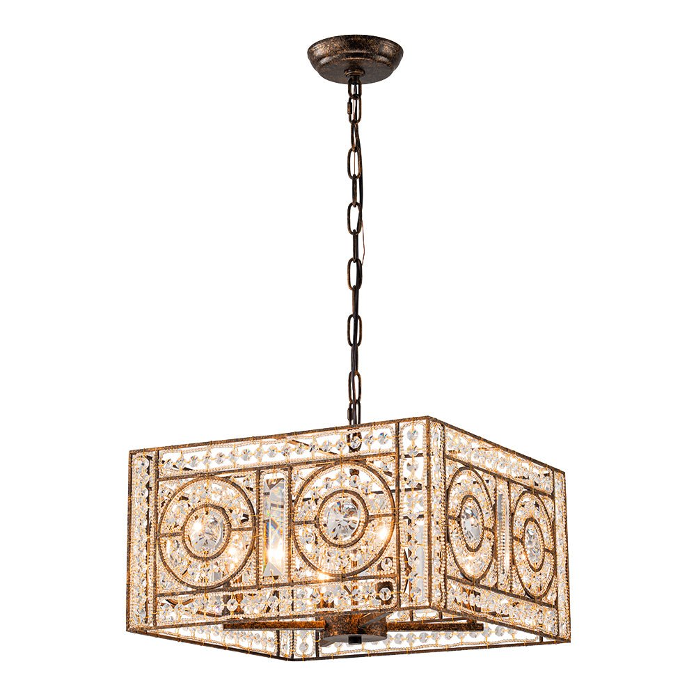 Pendantlightie - Glam 4 - Light Vintage Crystal Accent Square Chandelier - Chandeliers - Antique Bronze -