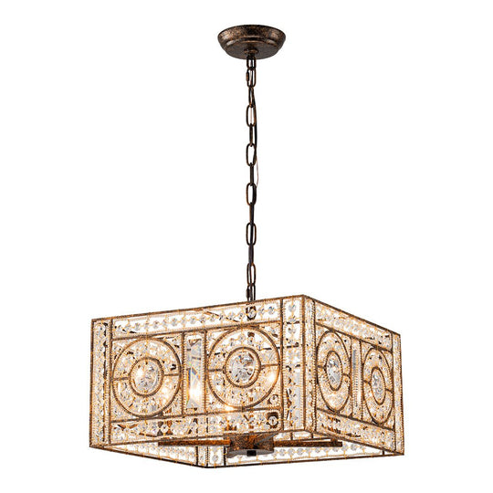 Pendantlightie - Glam 4 - Light Vintage Crystal Accent Square Chandelier - Chandeliers - Antique Bronze -
