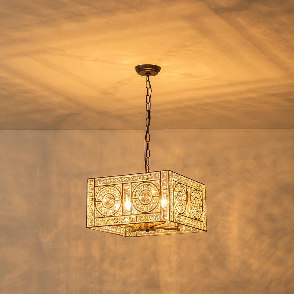 Pendantlightie - Glam 4 - Light Vintage Crystal Accent Square Chandelier - Chandeliers - Antique Bronze -