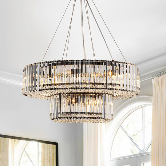Pendantlightie - Glam Luxury 12 - Light Crystal Accents Tiered Round Drum Chandelier - Chandeliers - Black -