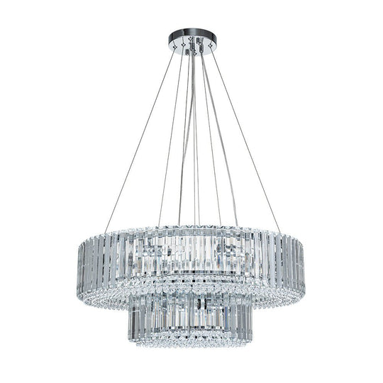 Pendantlightie - Glam Luxury 12 - Light Crystal Accents Tiered Round Drum Chandelier - Chandeliers - Chrome -