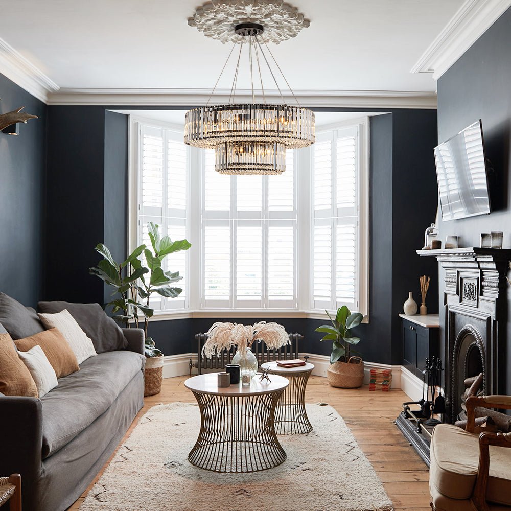 Pendantlightie - Glam Luxury 12 - Light Crystal Accents Tiered Round Drum Chandelier - Chandeliers - Chrome -