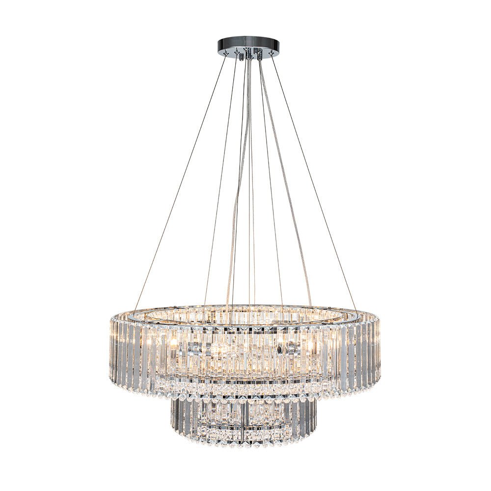 Pendantlightie - Glam Luxury 12 - Light Crystal Accents Tiered Round Drum Chandelier - Chandeliers - Chrome -