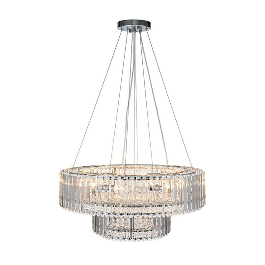 Pendantlightie - Glam Luxury 12 - Light Crystal Accents Tiered Round Drum Chandelier - Chandeliers - Chrome -