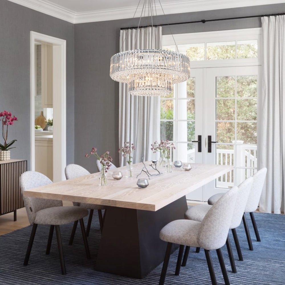 Pendantlightie - Glam Luxury 12 - Light Crystal Accents Tiered Round Drum Chandelier - Chandeliers - Chrome -