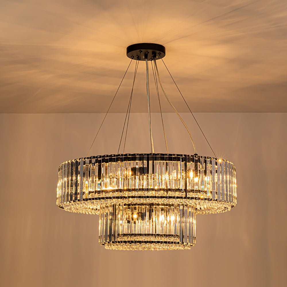 Pendantlightie - Glam Luxury 12 - Light Crystal Accents Tiered Round Drum Chandelier - Chandeliers - Chrome -
