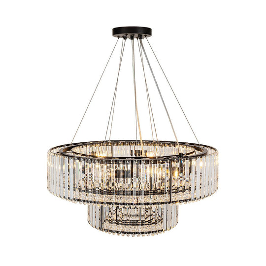 Pendantlightie - Glam Luxury 12 - Light Crystal Accents Tiered Round Drum Chandelier - Chandeliers - Chrome -