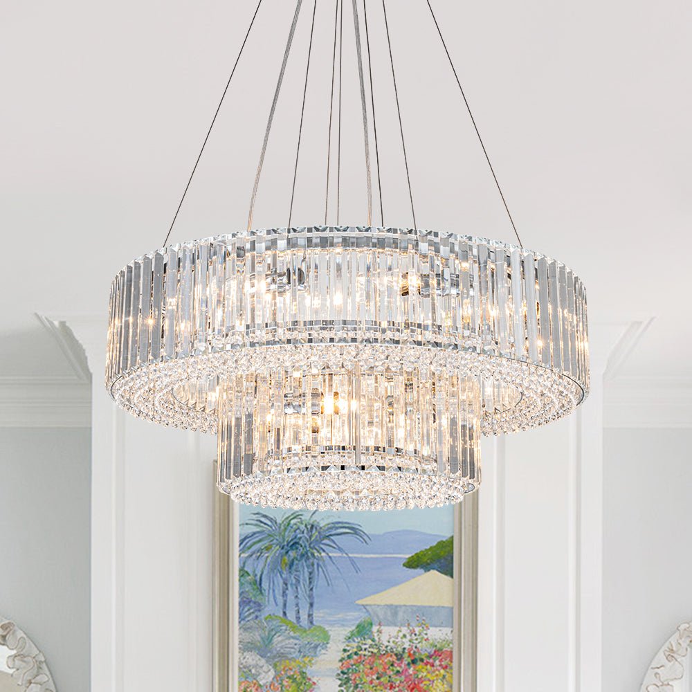 Pendantlightie - Glam Luxury 12 - Light Crystal Accents Tiered Round Drum Chandelier - Chandeliers - Chrome -