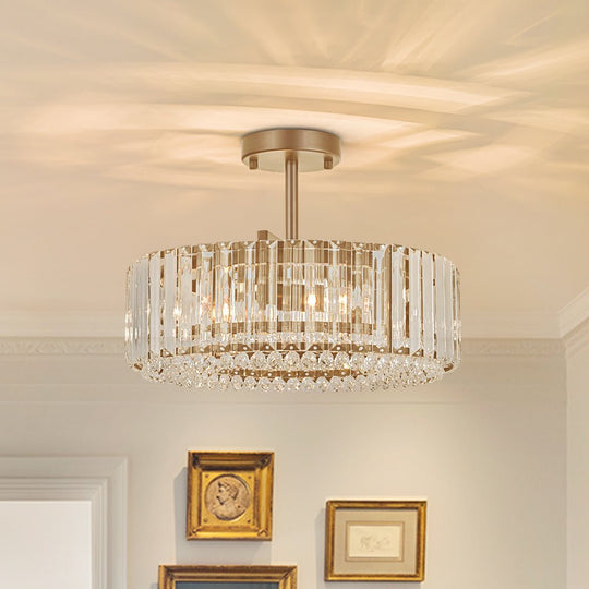 Pendantlightie - Glam Luxury 4 - Light Drum Crystal Accents Semi Ceiling Light - Semi Flush Mount - Gold -