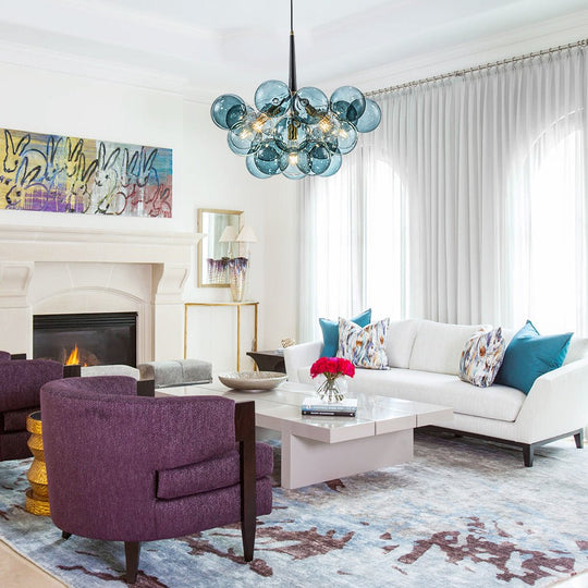 Pendantlightie - Gorgeous 6 - Light Sputnik Sphere Blue Glass Bubble Chandelier - Chandeliers - Brass -