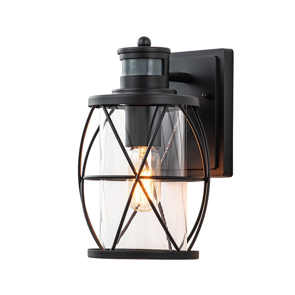 Pendantlightie - Industrial 1 - Light Cylinder Clear Glass Outdoor Cage Wall Light - Outdoor Wall Light - Black -