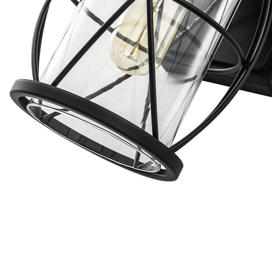 Pendantlightie - Industrial 1 - Light Cylinder Clear Glass Outdoor Cage Wall Light - Outdoor Wall Light - Black -