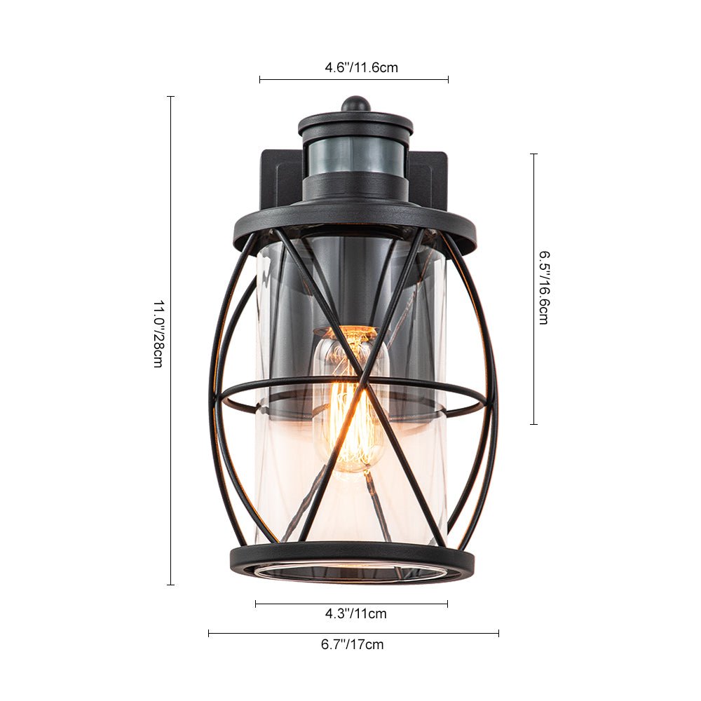 Pendantlightie - Industrial 1 - Light Cylinder Clear Glass Outdoor Cage Wall Light - Outdoor Wall Light - Black -