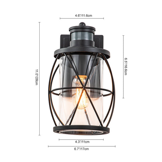 Pendantlightie - Industrial 1 - Light Cylinder Clear Glass Outdoor Cage Wall Light - Outdoor Wall Light - Black -