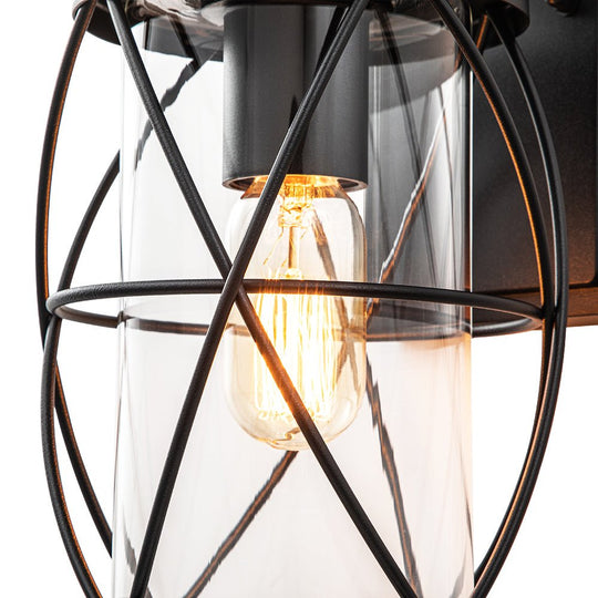 Pendantlightie - Industrial 1 - Light Cylinder Clear Glass Outdoor Cage Wall Light - Outdoor Wall Light - Black -