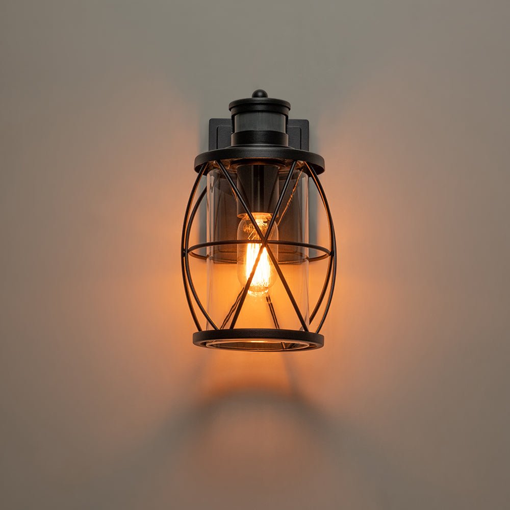 Pendantlightie - Industrial 1 - Light Cylinder Clear Glass Outdoor Cage Wall Light - Outdoor Wall Light - Black -