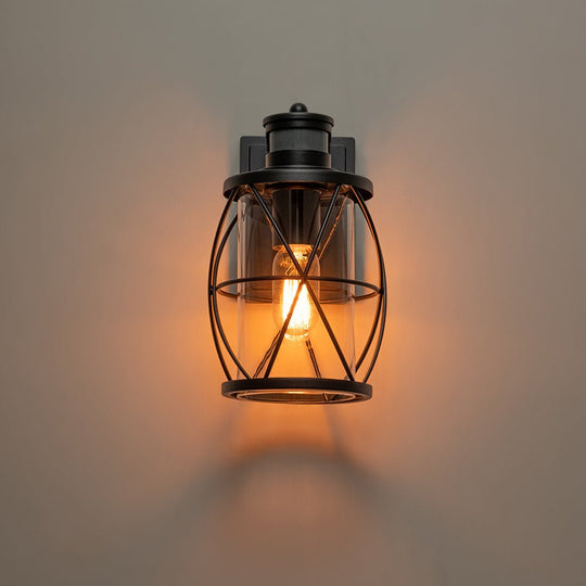 Pendantlightie - Industrial 1 - Light Cylinder Clear Glass Outdoor Cage Wall Light - Outdoor Wall Light - Black -