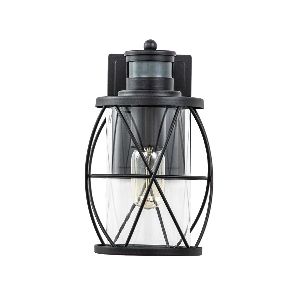 Pendantlightie - Industrial 1 - Light Cylinder Clear Glass Outdoor Cage Wall Light - Outdoor Wall Light - Black -