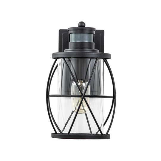 Pendantlightie - Industrial 1 - Light Cylinder Clear Glass Outdoor Cage Wall Light - Outdoor Wall Light - Black -