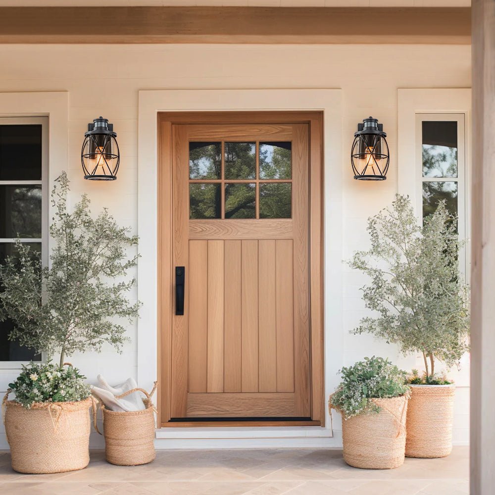 Pendantlightie - Industrial 1 - Light Cylinder Clear Glass Outdoor Cage Wall Light - Outdoor Wall Light - Black -