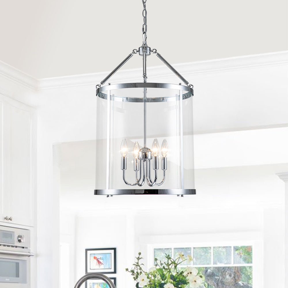 Pendantlightie-Industrial Farmhouse 4-Light Cylinder Glass Lantern Pendant Light-Pendants-Chrome-