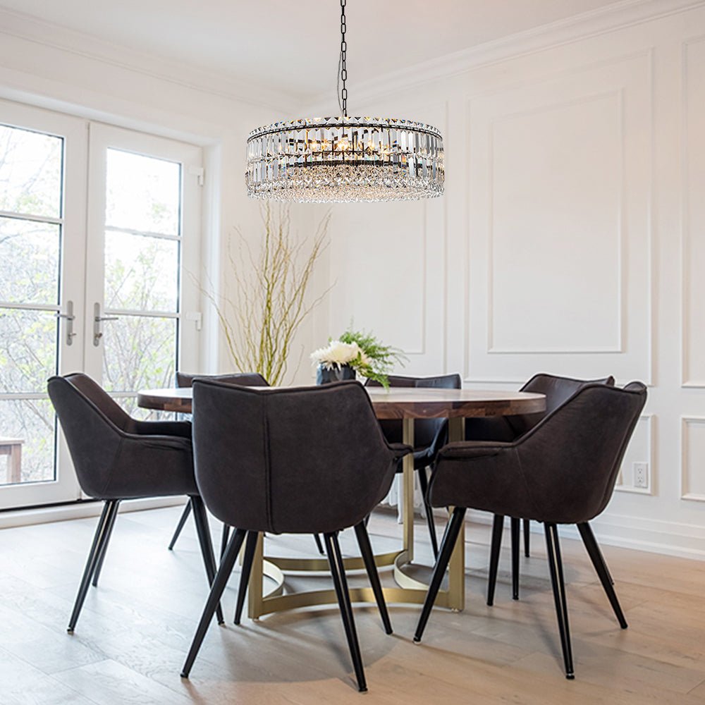 Pendantlightie - Luxury 8 - Light Crystal Accents Round Drum Chandelier For Dining Room - Chandeliers - Black -