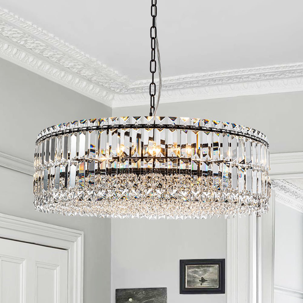 Pendantlightie - Luxury 8 - Light Crystal Accents Round Drum Chandelier For Dining Room - Chandeliers - Black -