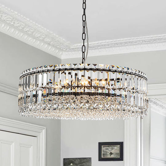 Pendantlightie - Luxury 8 - Light Crystal Accents Round Drum Chandelier For Dining Room - Chandeliers - Black -