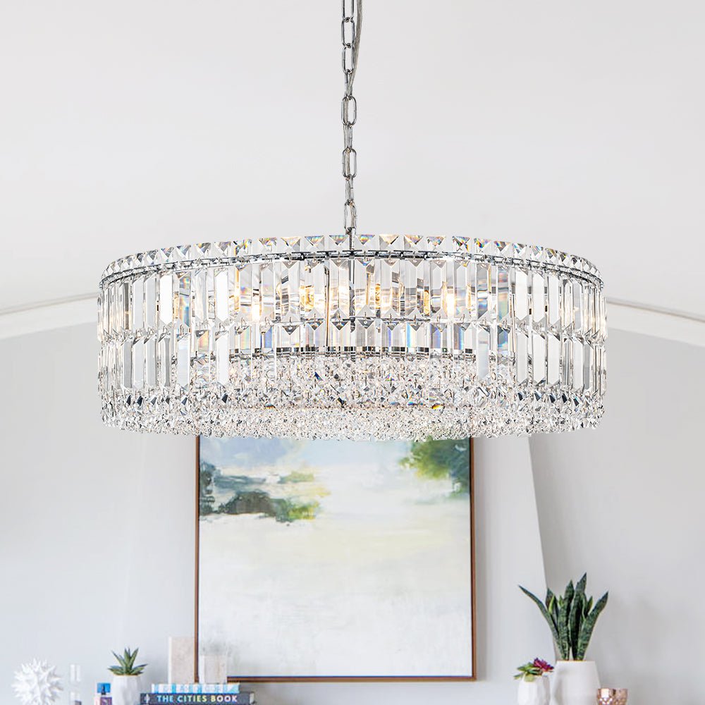 Pendantlightie - Luxury 8 - Light Crystal Accents Round Drum Chandelier For Dining Room - Chandeliers - Chrome -