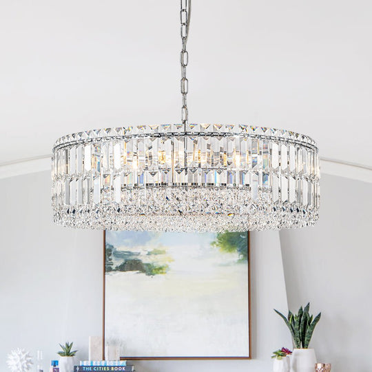 Pendantlightie - Luxury 8 - Light Crystal Accents Round Drum Chandelier For Dining Room - Chandeliers - Chrome -